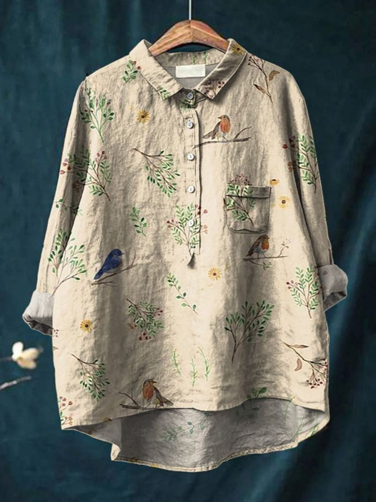 Boughs And Robin Birds Pattern Printed Women's Casual  Shirt