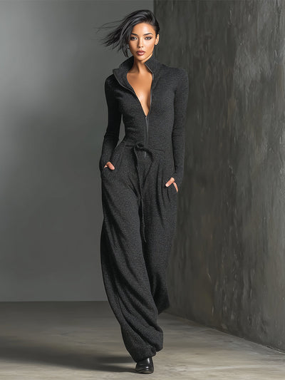 Women's Elegant Knit Sparkling Zipper Front Jumpsuit