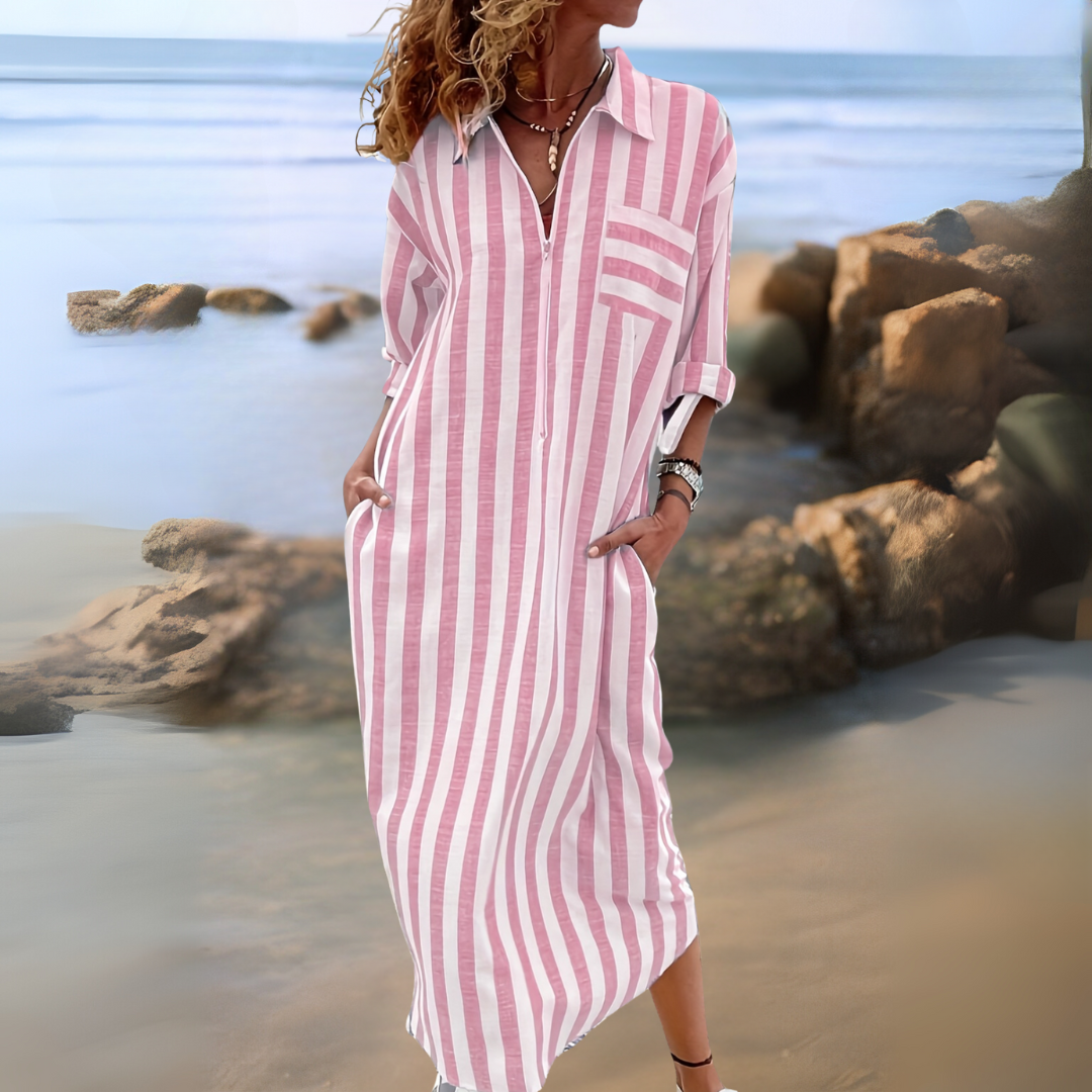 Joyce | Chic Cotton Dress with Stripes and V-Neckline