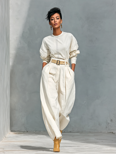 Women's Fashion Cotton And Linen Blend Crew Neck Long Sleeve Shirt Loose Trousers Set (belt Not Included)