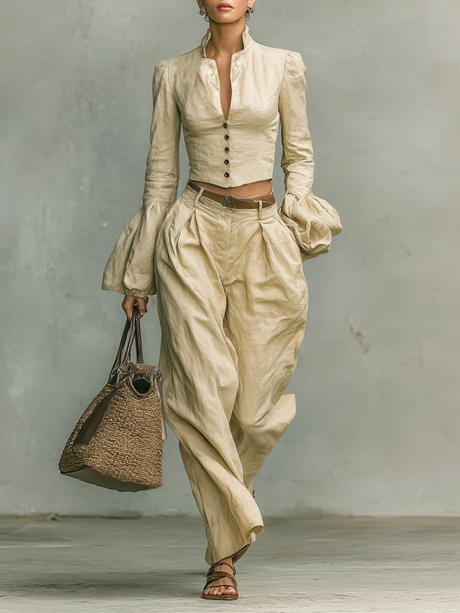 Women's Retro Linen-like Fabric Stand-up Collar Single-breasted Shirt Trousers Two-piece Set