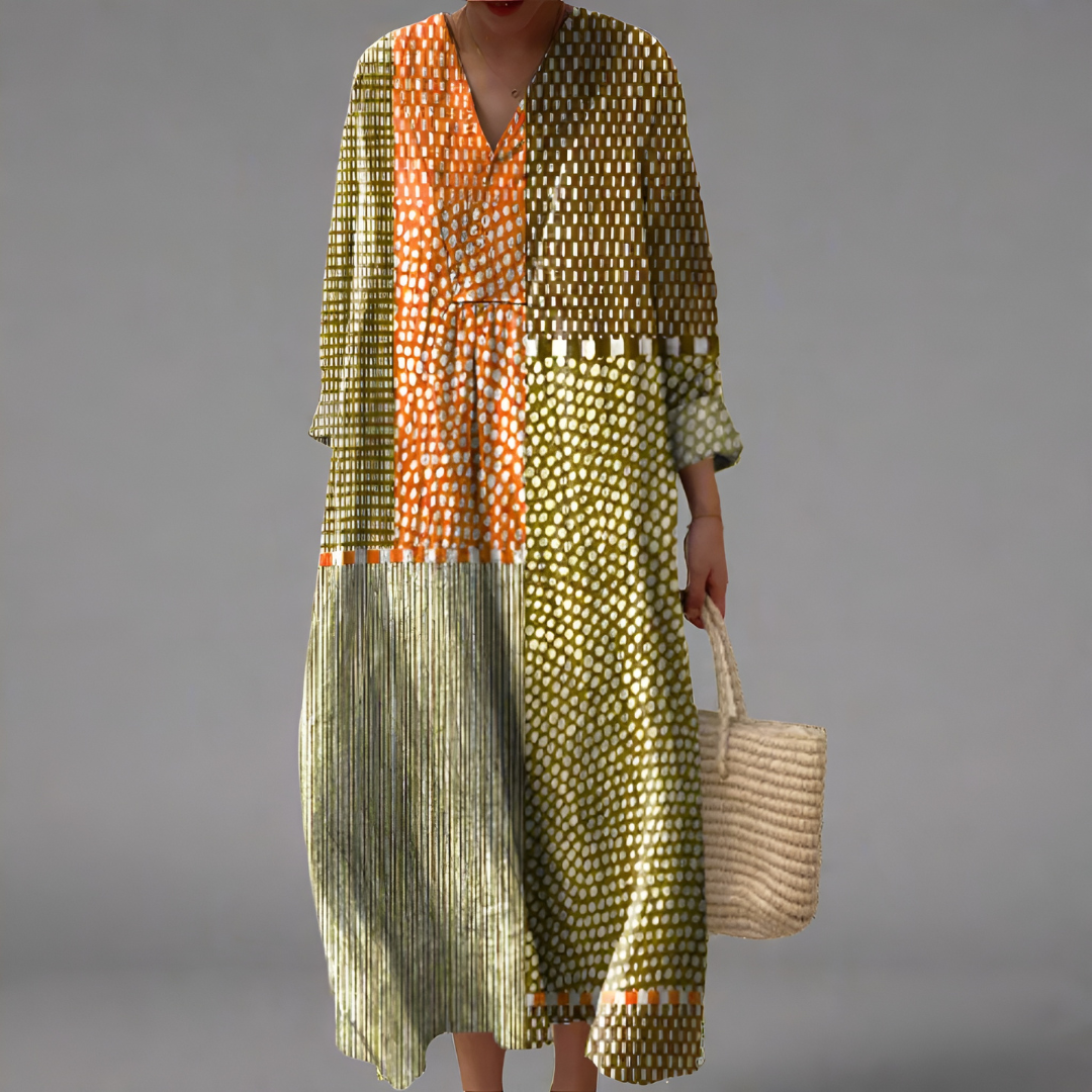 Avyra – Earthtone Mosaic Midi Dress for Women