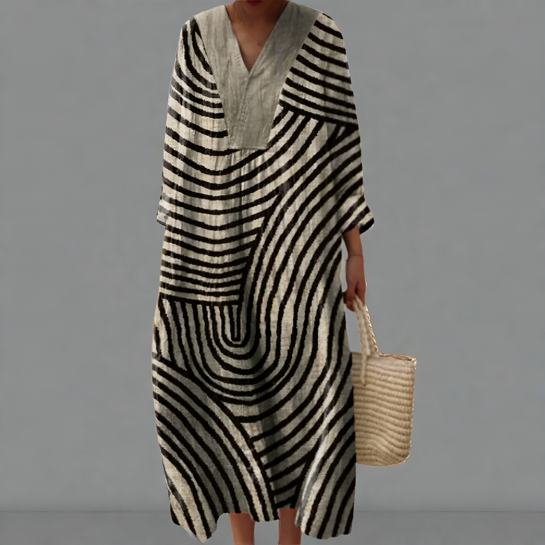 Marvena – Monochrome Wave Midi Dress for Women