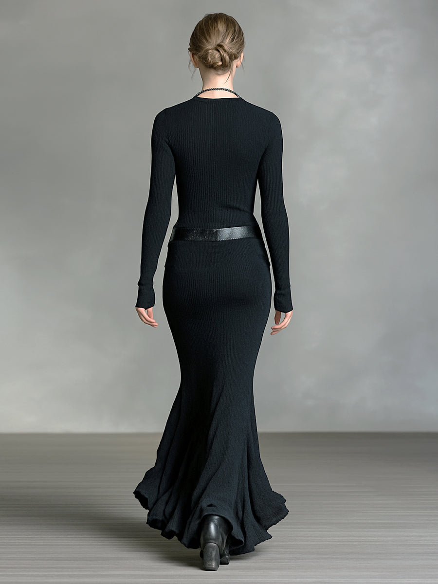 Women's Knitted V-neck Slim Long Sleeves Maxi Dress (Without Belt)