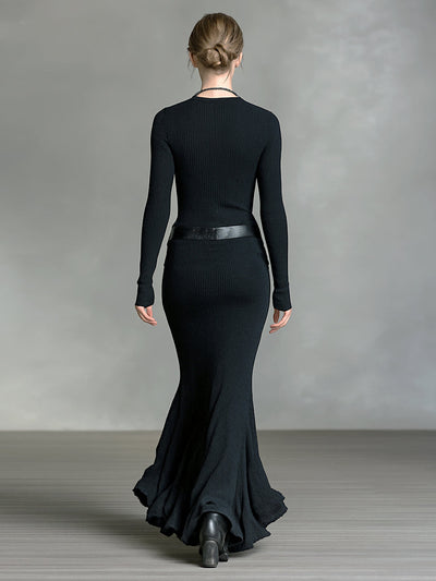 Women's Knitted V-neck Slim Long Sleeves Maxi Dress (Without Belt)