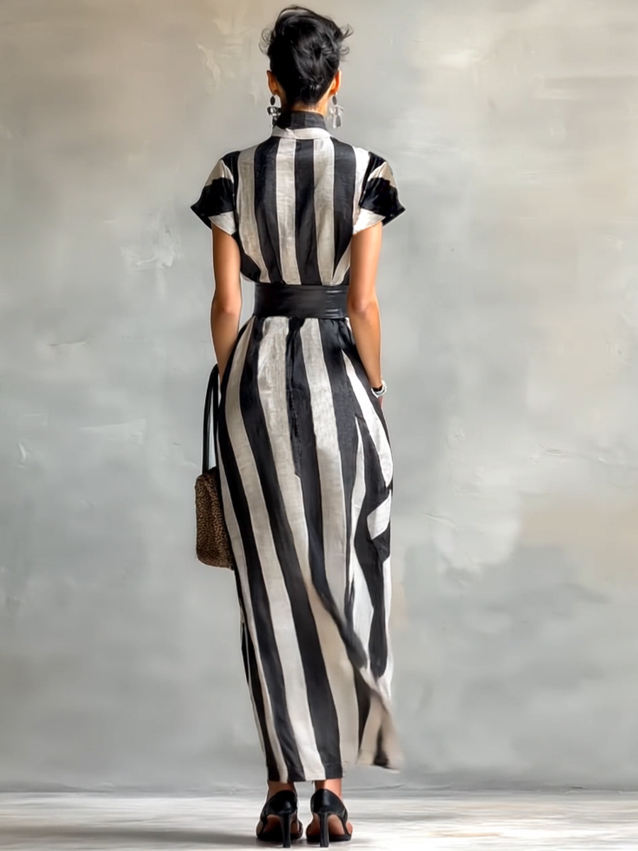 Women's High Collar Chiffon Short Sleeve Belt Maxi Dress