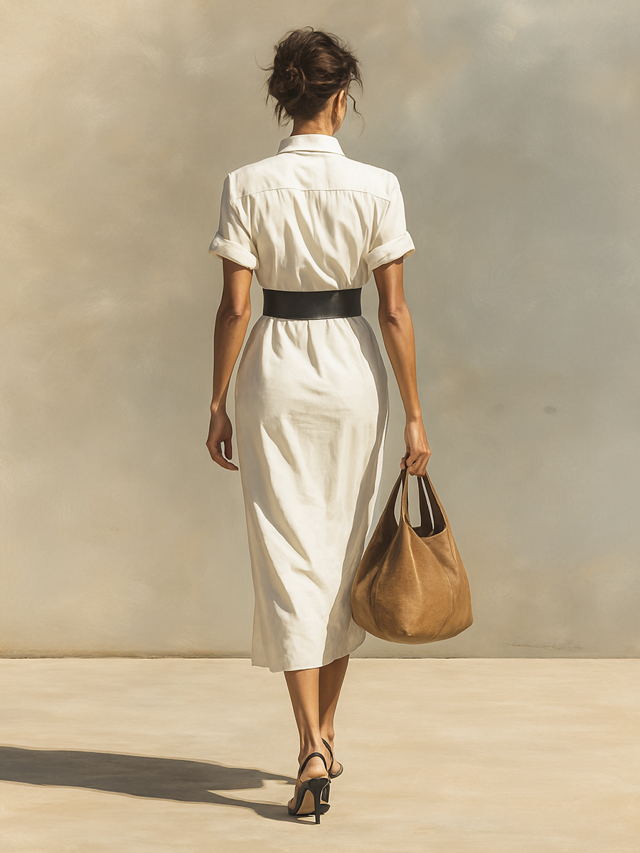 Ladies Solid Color Lapel Short Sleeve Belt Midi Dress