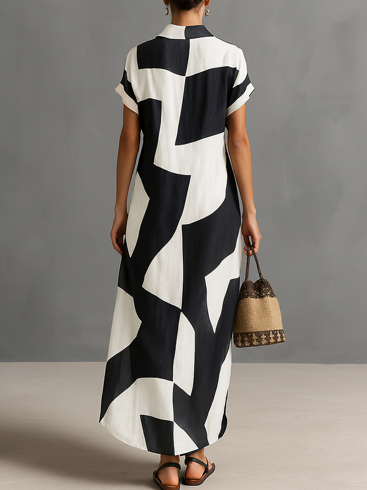 Women's Chiffon Irregular Geometric Print Lapel Single-Breasted Short-Sleeved Maxi Shirt Dress