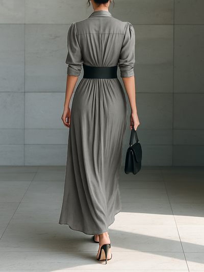 Ladies Lapel Long Sleeve Single Breasted Belt Maxi Dress