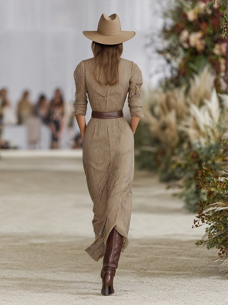 Women's Striped Lapel Single-breasted Long-sleeved Waist Maxi Dress (without Belt)