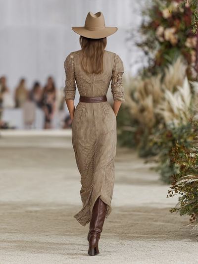 Women's Striped Lapel Single-breasted Long-sleeved Waist Maxi Dress (without Belt)