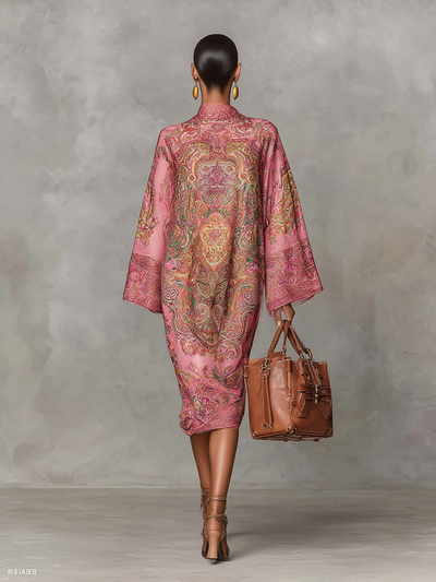 Women's Paisley Print Round Neck Trumpet Long Sleeve Loose Midi Dress