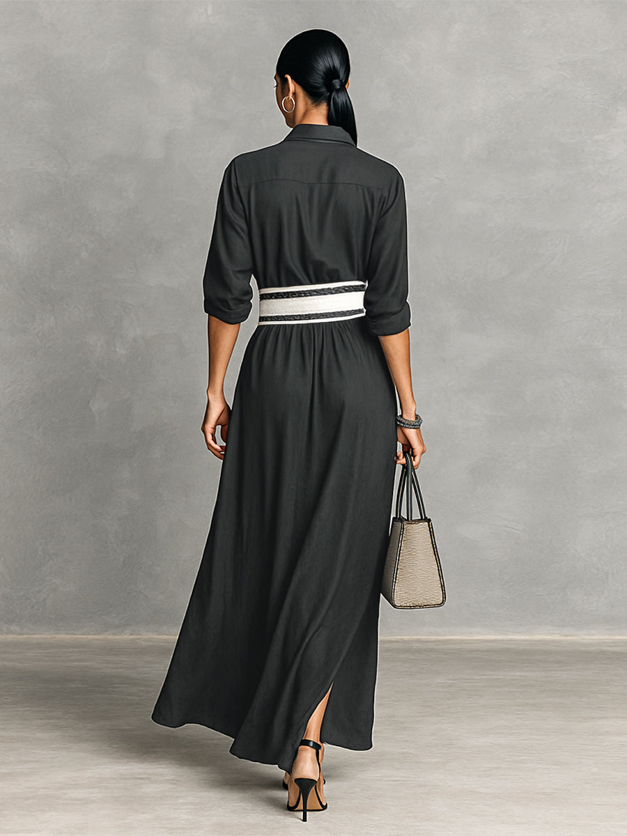 Women's Imitation Cupro Fabric Lapel Single-breasted Long-sleeved Waist Maxi Dress