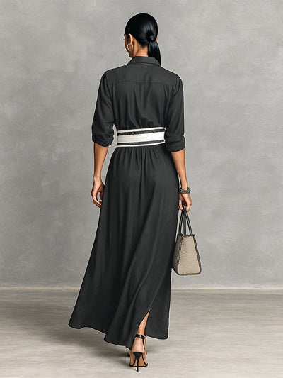 Women's Imitation Cupro Fabric Lapel Single-breasted Long-sleeved Waist Maxi Dress