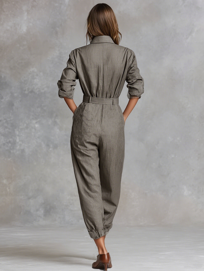 Women's Cotton And Linen Blended Long Sleeve Shirt Jumpsuit