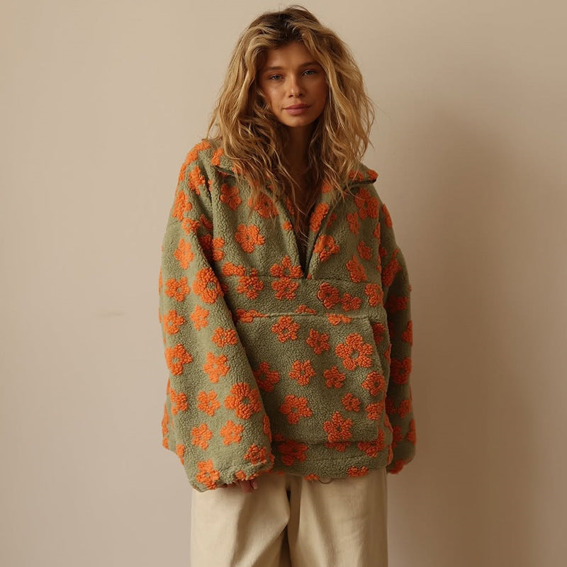 Azelma | Long Sleeve And Floral Print Fleece Sweater
