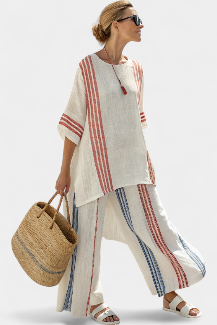 Anila | Elegant Two-Piece Linen Set with Striped Design