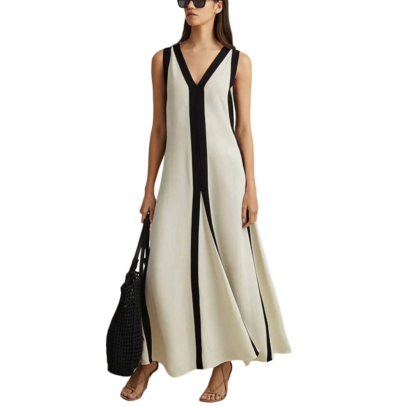 Eveline | Elegant V-Neck Colorblock Maxi Dress