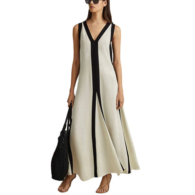 Eveline | Elegant V-Neck Colorblock Maxi Dress
