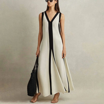 Eveline | Elegant V-Neck Colorblock Maxi Dress