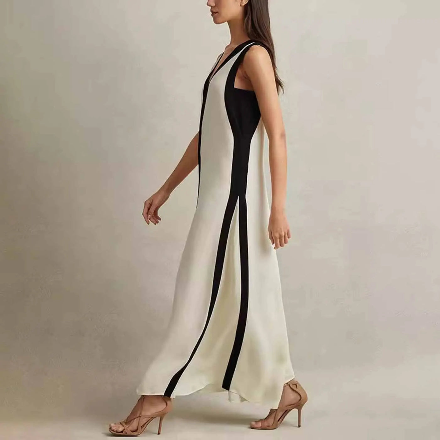 Eveline | Elegant V-Neck Colorblock Maxi Dress
