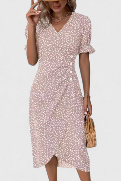 Joana | Floral Midi Dress with V-Neckline and Short Sleeves