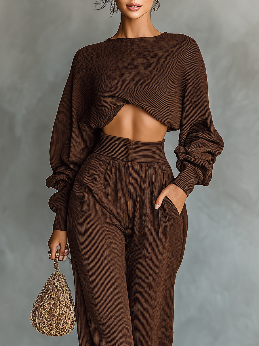 Women's Coffee-colored Short Top And Wide-leg Pants Knitted Set
