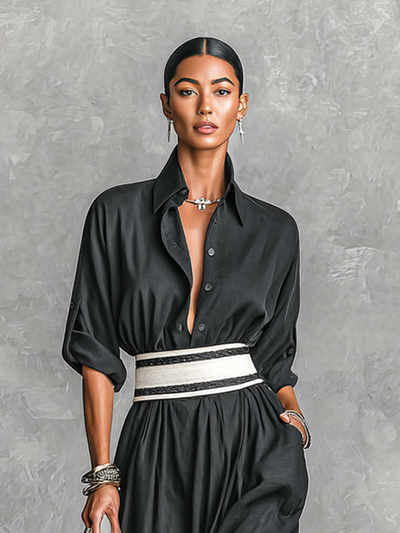 Women's Imitation Cupro Fabric Lapel Single-breasted Long-sleeved Waist Maxi Dress