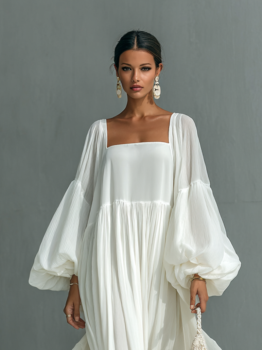 Women's Loose Lapel Lantern Sleeve Pleated Maxi Dress