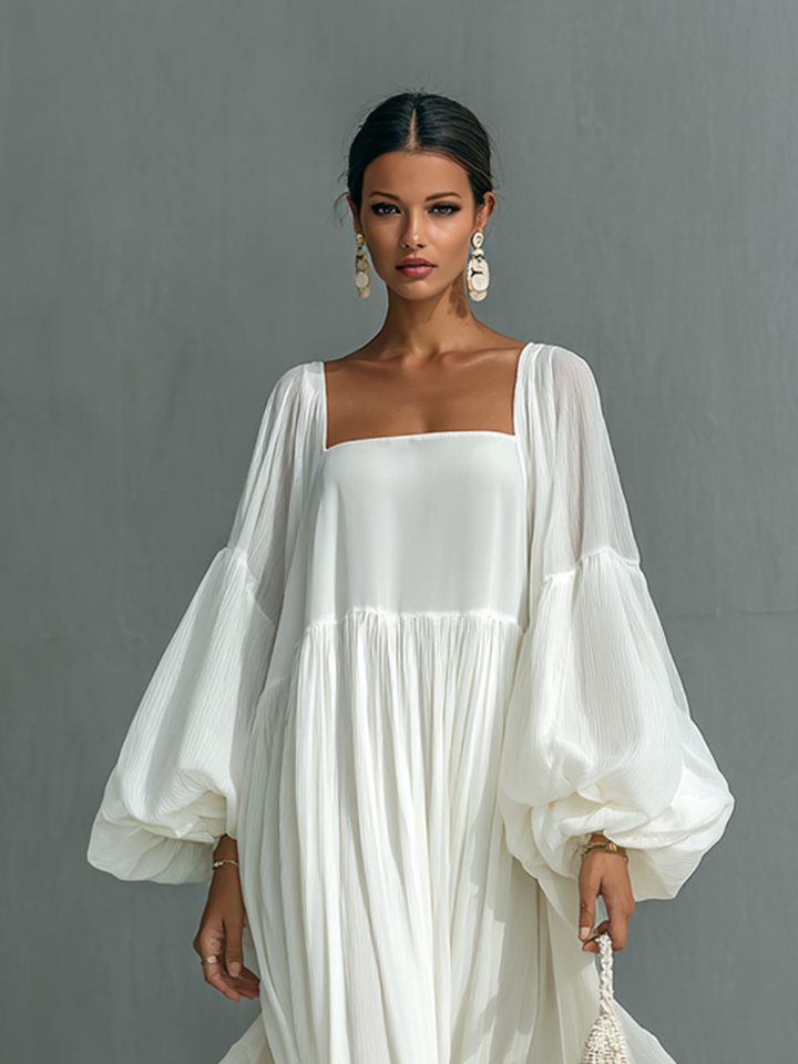 Women's Loose Lapel Lantern Sleeve Pleated Maxi Dress