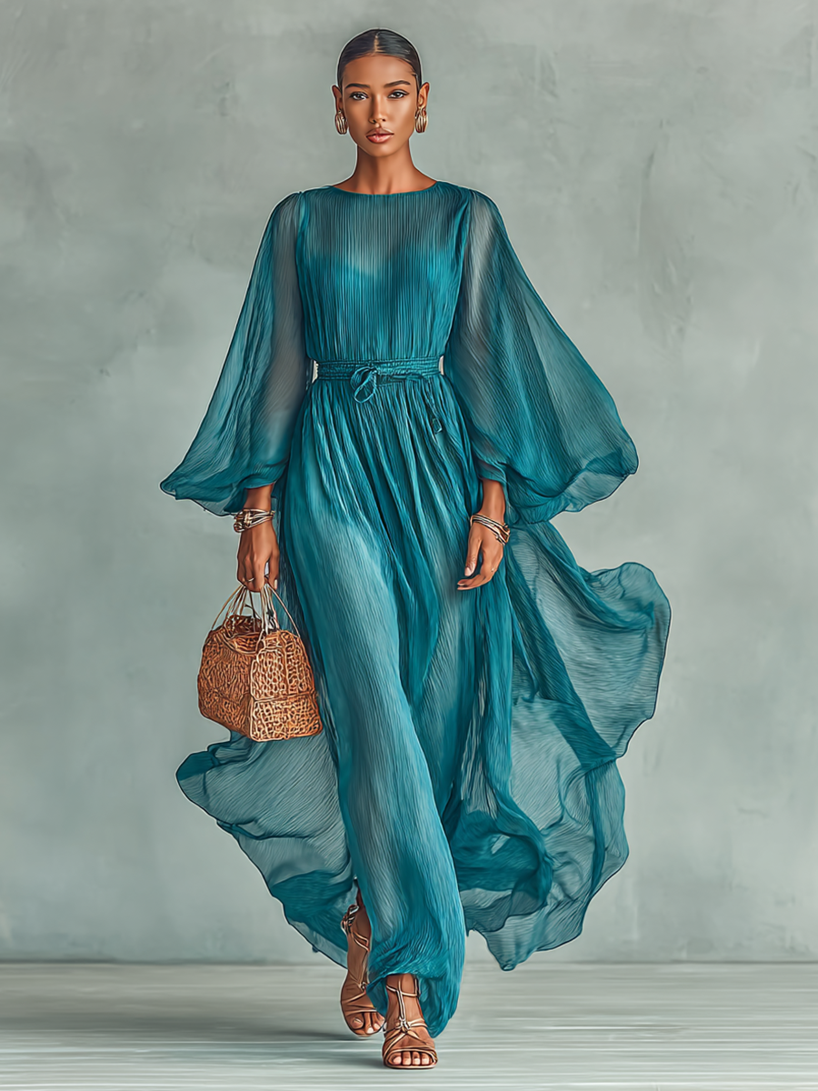 Women's Chiffon Round Neck Long Sleeve Waist Drawstring Maxi Dress