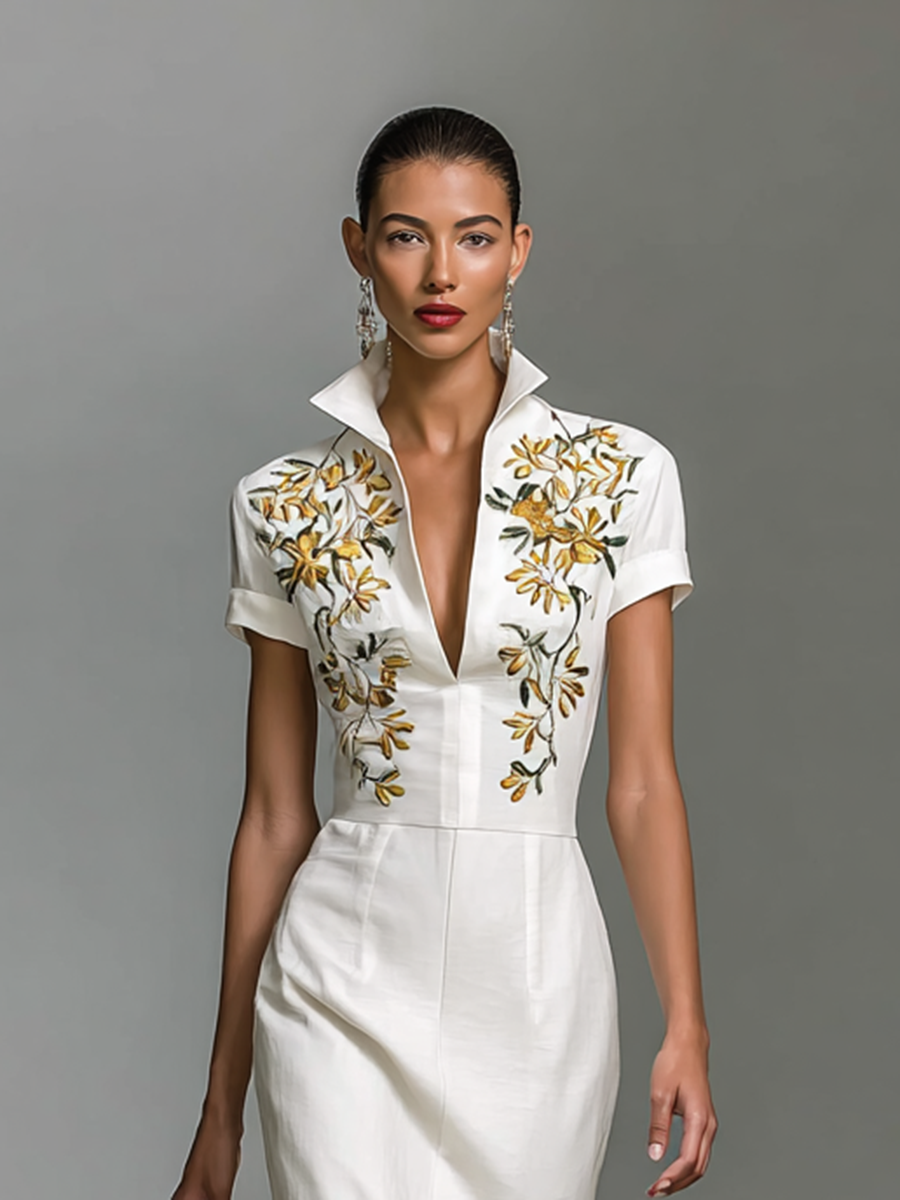 Women's Embroidered V-Neck Short Sleeve Waist Midi Dress