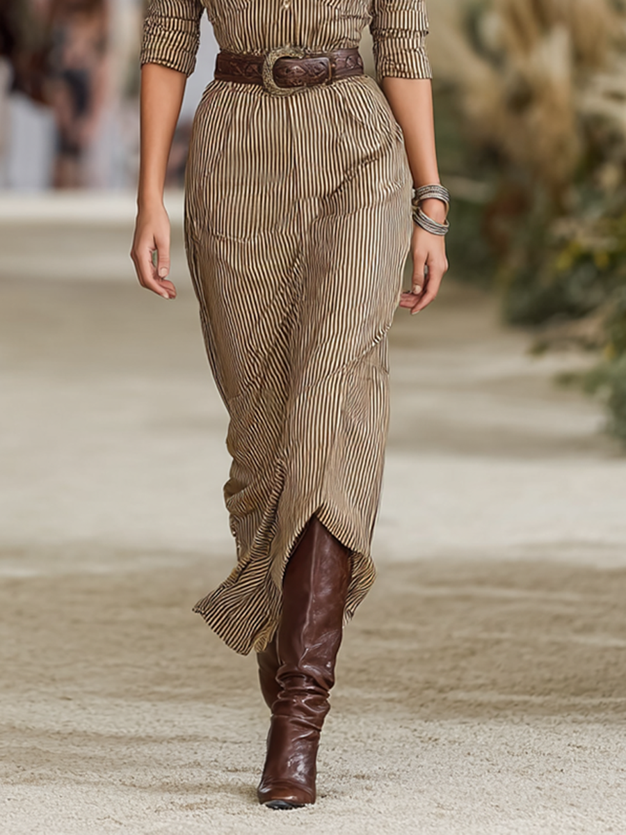 Women's Striped Lapel Single-breasted Long-sleeved Waist Maxi Dress (without Belt)