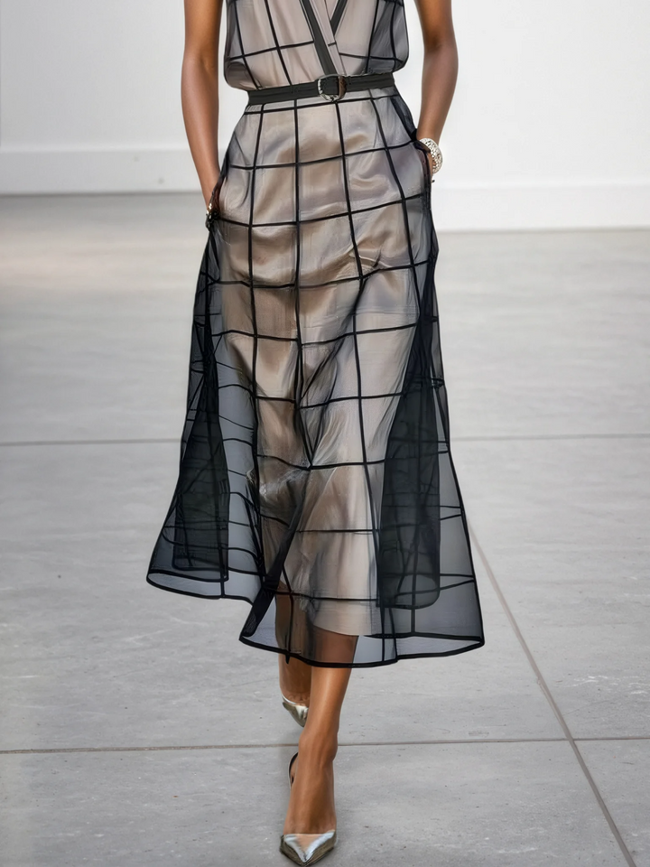 Women's Checkered Tulle Lapel Sleeveless Belted Maxi Dress