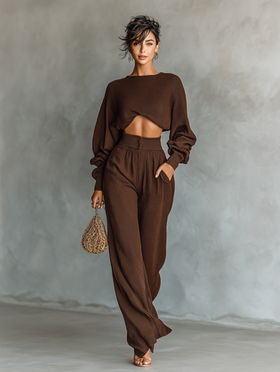 Women's Coffee-colored Short Top And Wide-leg Pants Knitted Set