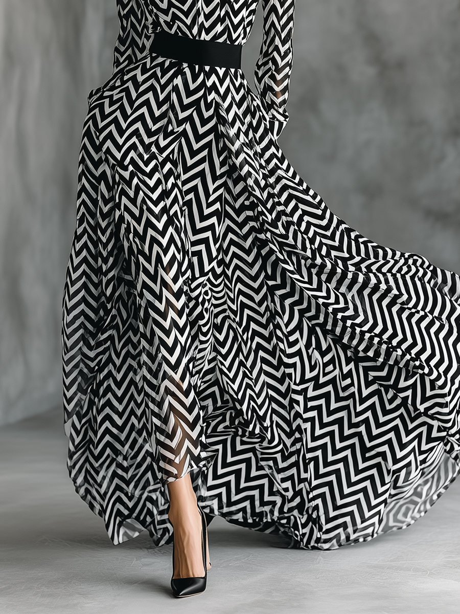 Women's Black And White Herringbone Chiffon Tie-Up Maxi Dress