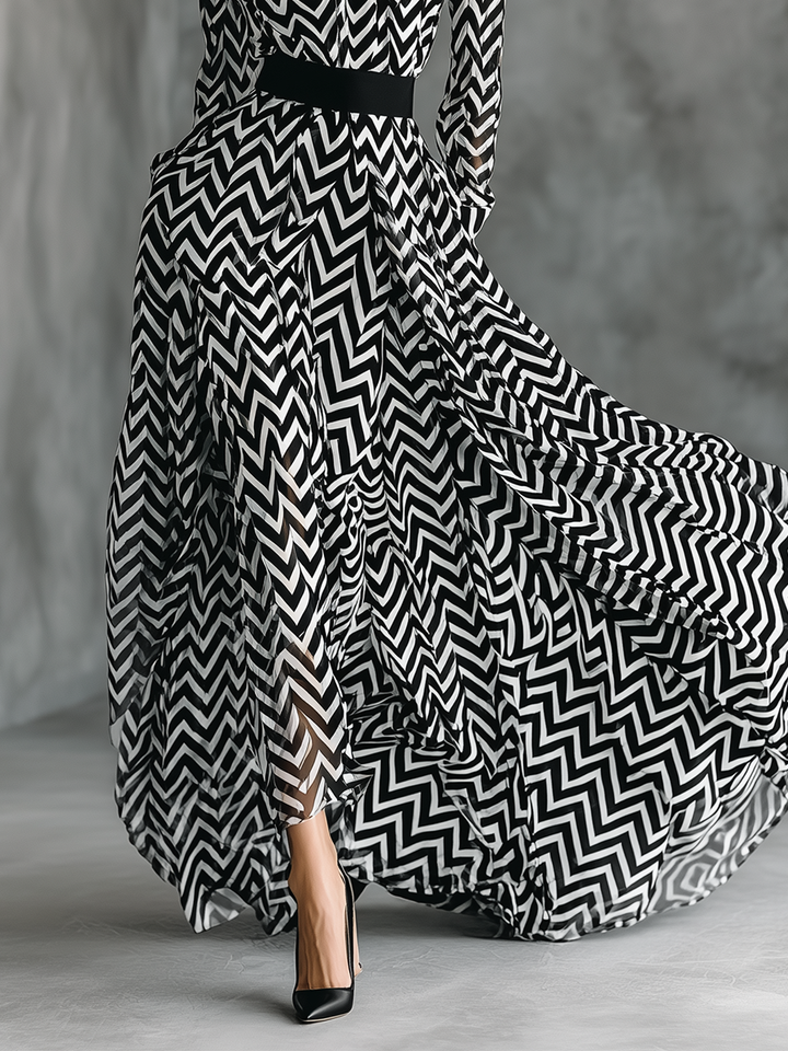 Women's Black And White Herringbone Chiffon Tie-Up Maxi Dress