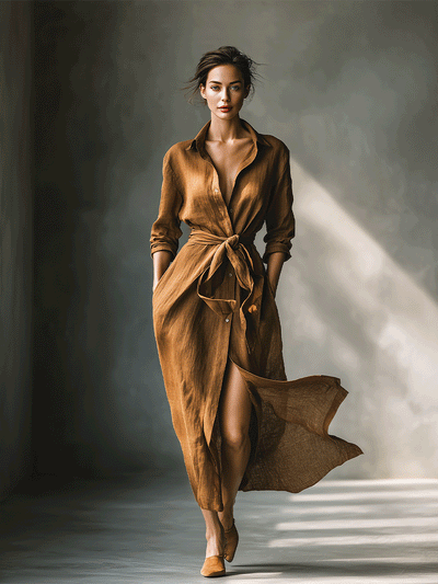 Women's Vintage Brown Blend Shirt Maxi Dress