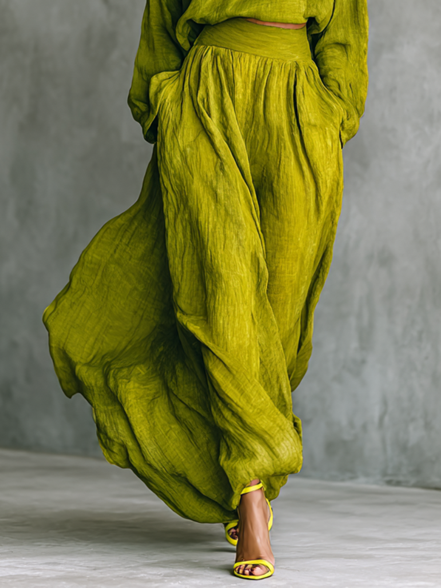Women's Green Turtleneck Cotton And Linen Blend Suit
