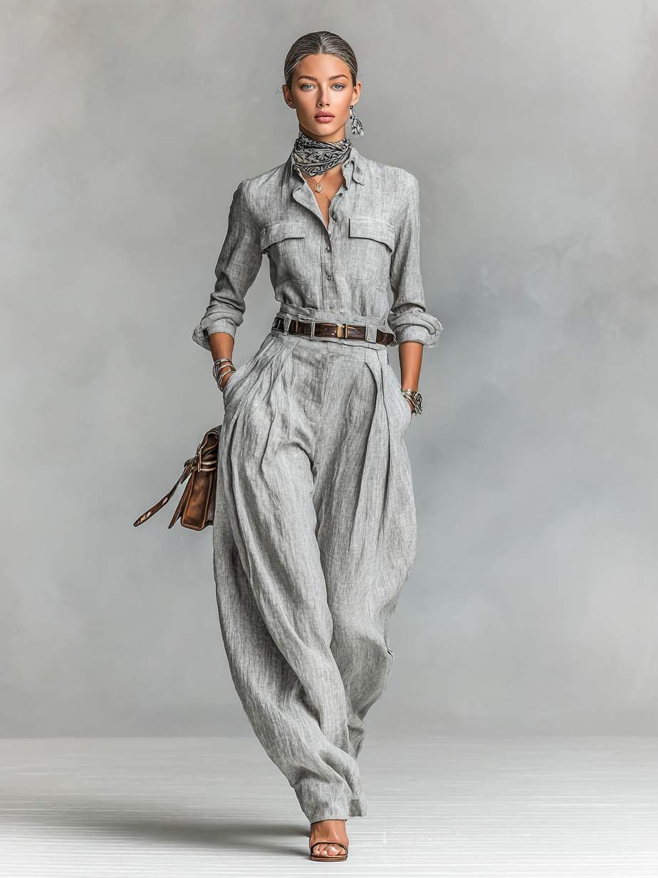 Women's Cotton-linen Blend Long-sleeved Shirt And Trousers Two-piece Set (belt Not Included)
