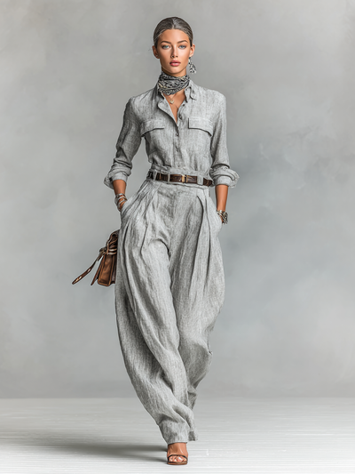Women's Cotton-linen Blend Long-sleeved Shirt And Trousers Two-piece Set (belt Not Included)
