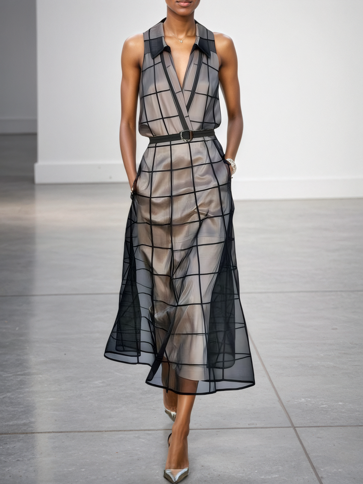 Women's Checkered Tulle Lapel Sleeveless Belted Maxi Dress