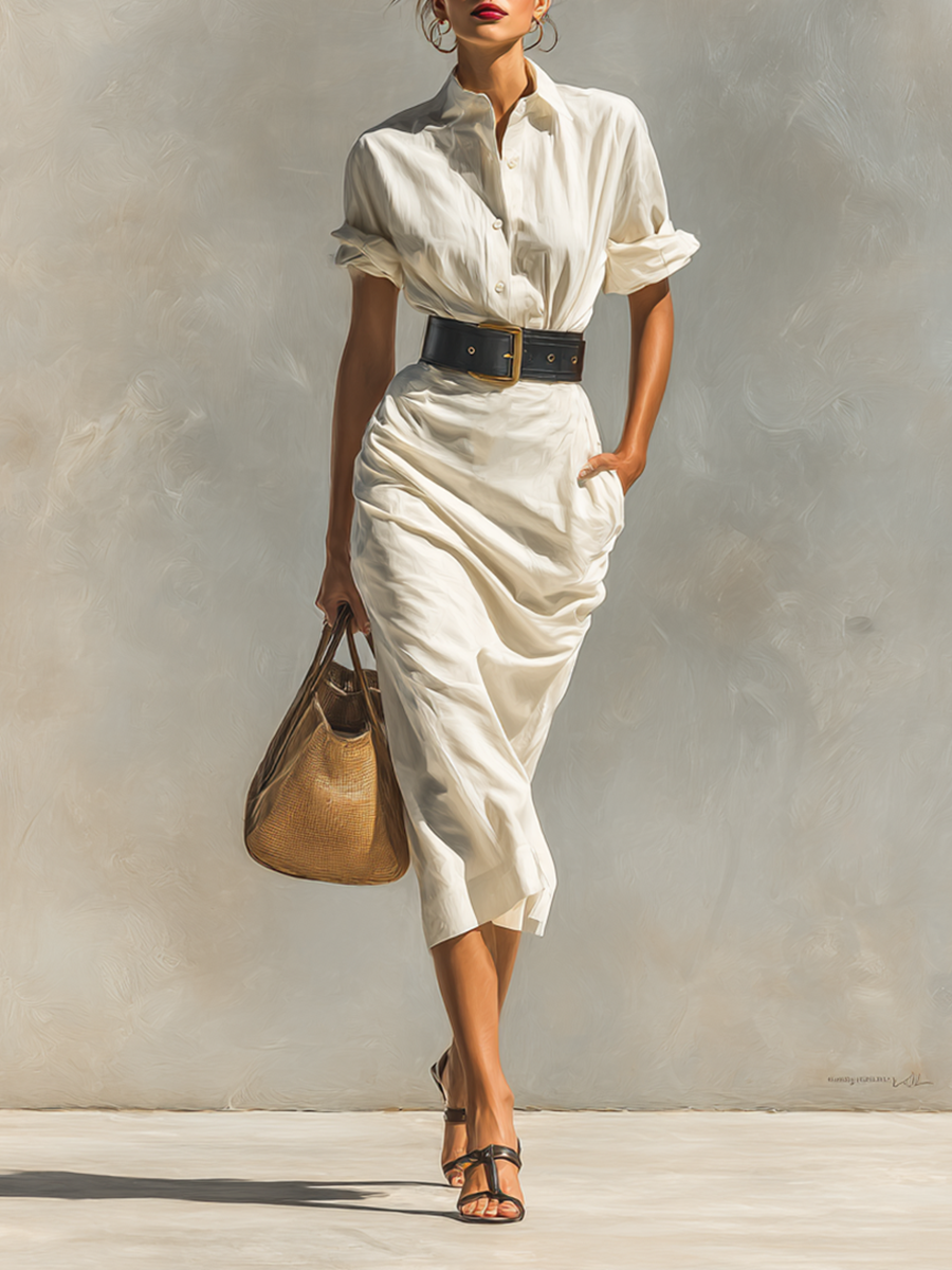 Ladies Solid Color Lapel Short Sleeve Belt Midi Dress