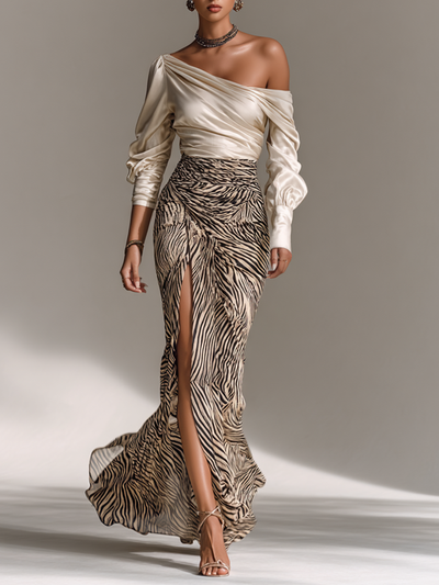 Women's Satin Off-shoulder Long-sleeved Top With Zebra Print Hip-wrapped Slit Skirt Two-piece Set