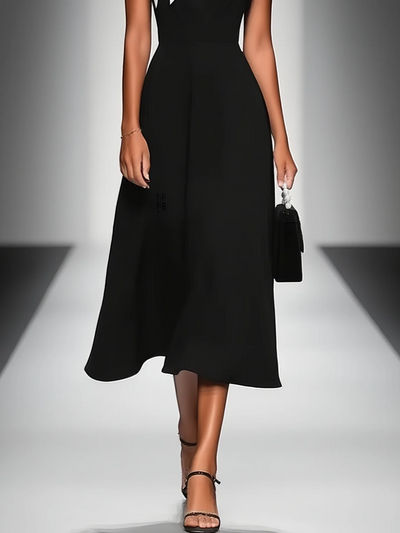 Women's Colorblock Square Neck Cap Shoulder Sleeve Waist Midi Dress