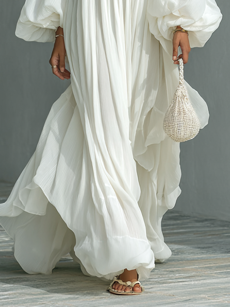 Women's Loose Lapel Lantern Sleeve Pleated Maxi Dress