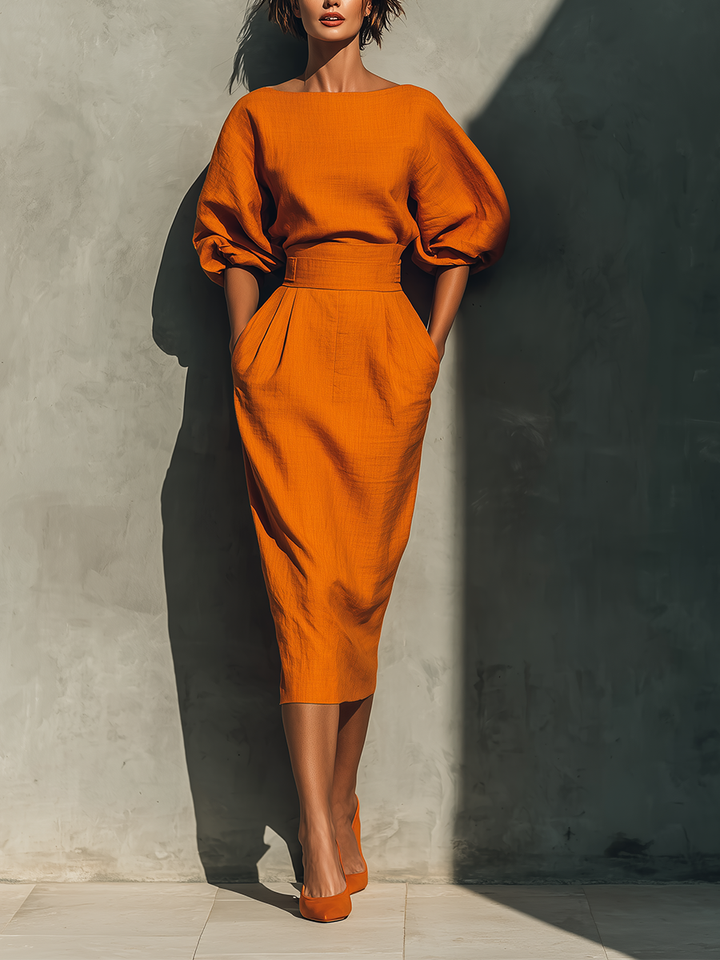 Ladies Orange Cotton-Linen Blend Vibrant Midi Skirt Set