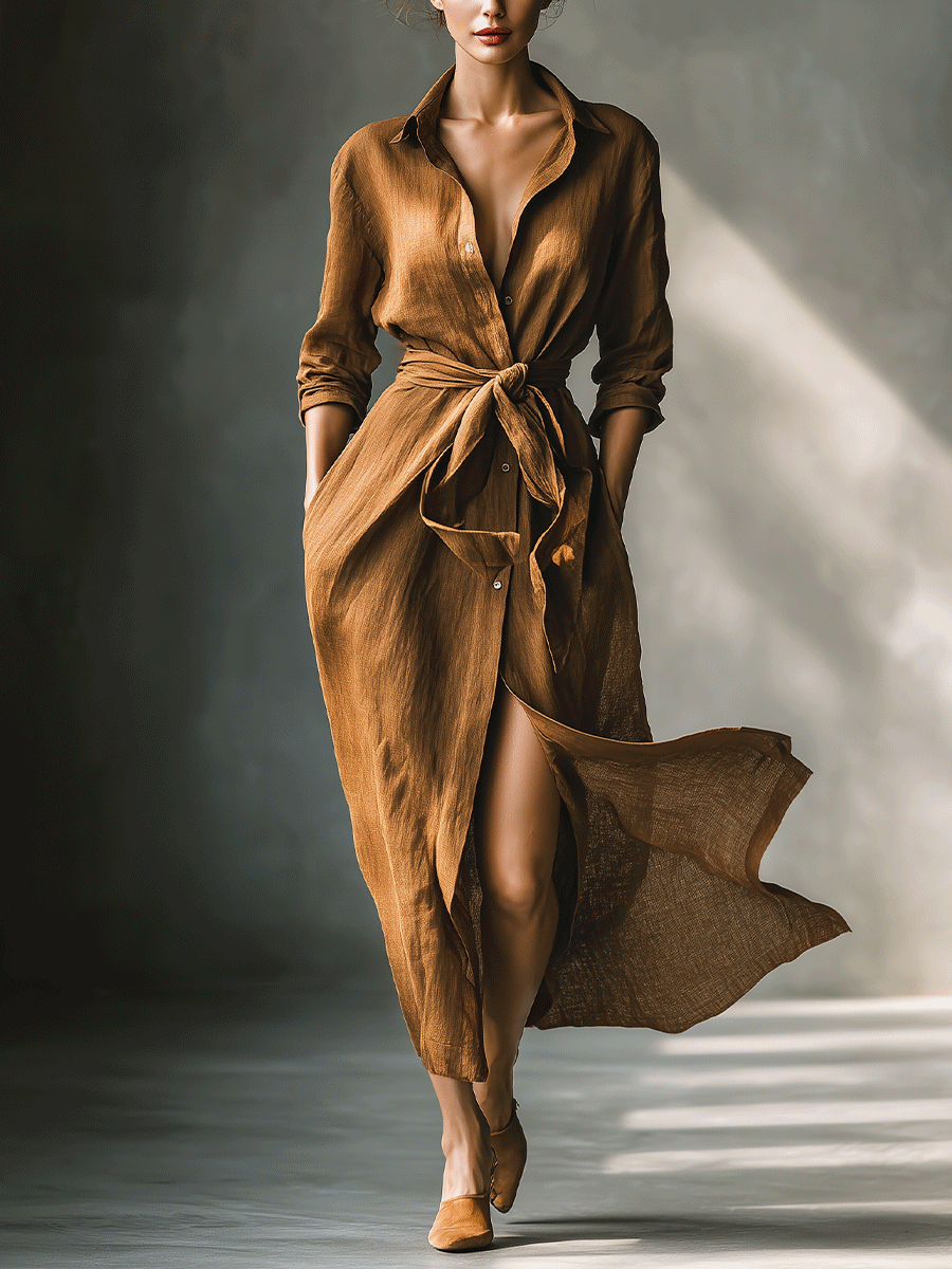 Women's Vintage Brown Blend Shirt Maxi Dress