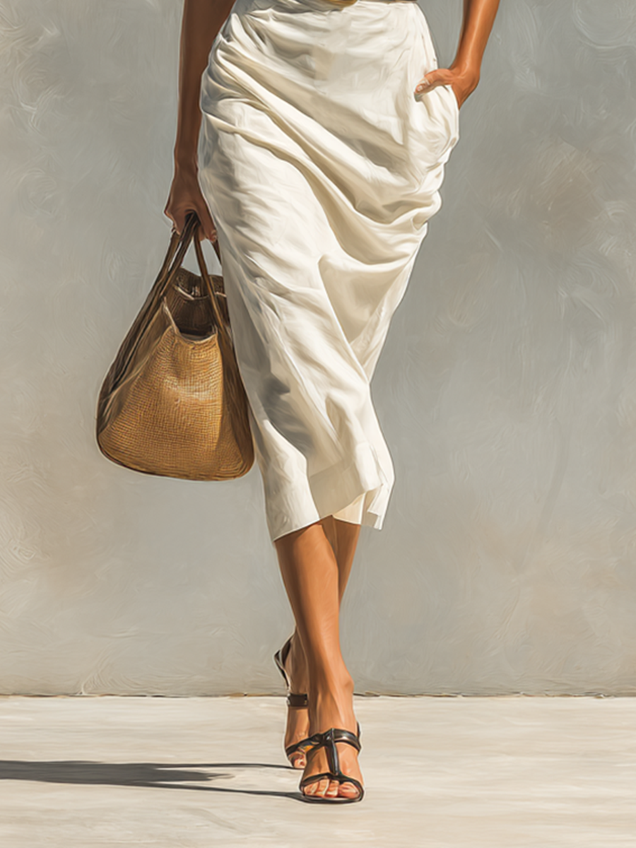 Ladies Solid Color Lapel Short Sleeve Belt Midi Dress