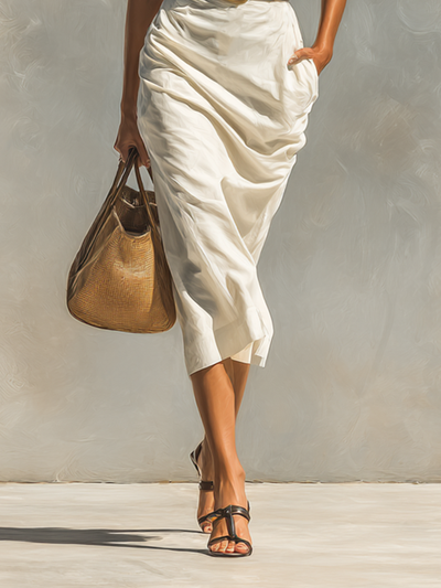 Ladies Solid Color Lapel Short Sleeve Belt Midi Dress